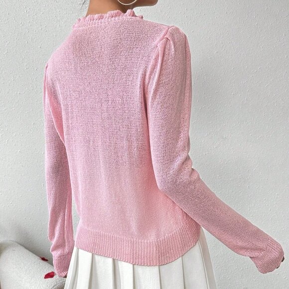 Pink Casual Women's Long Sleeve Sweater With Flounce Trim And Decorative Edges - Picture 2 of 5